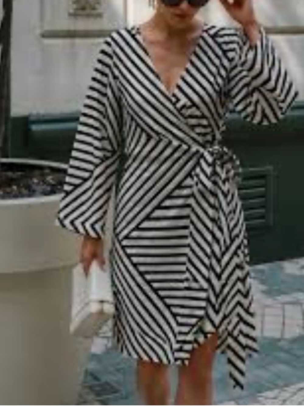 H&M Linen Blend Black and Cream Striped Wrap Dress
